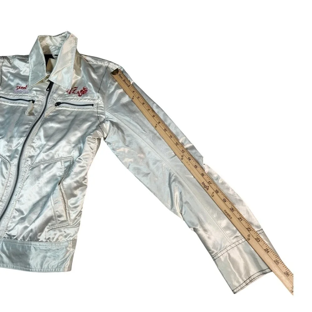 NWT Diesel Satin Bomber Jacket Panther Embroidery - Silver/White Size M Rare VTG